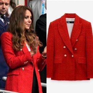 Zara Red Tweed Double Breasted Blazer Size Small